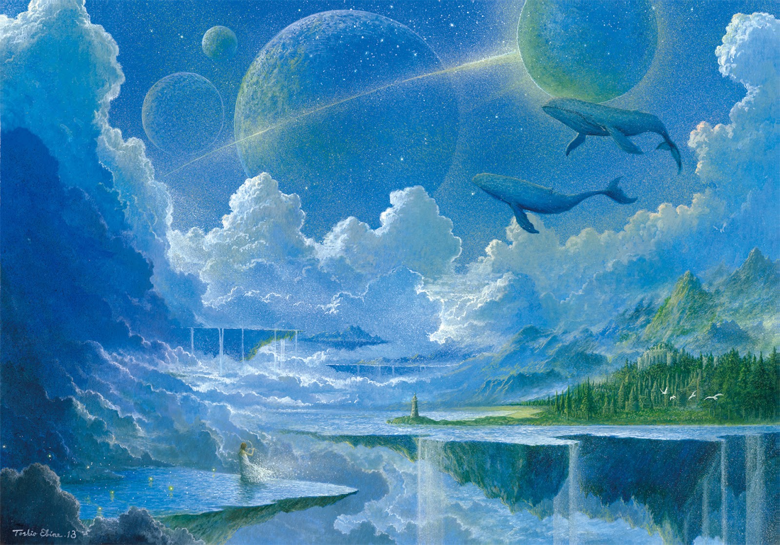 Blue Night Sky Sea Water Fall Clouds Pla Scenery Anime HD Wallpaper
