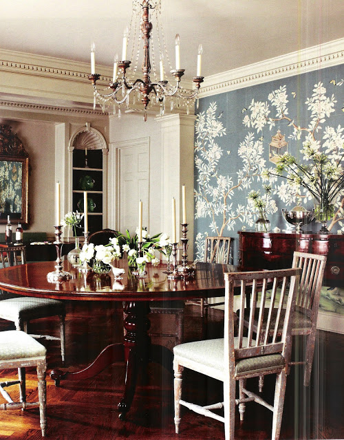 The Glam Pad Blue de Gournay and Gracie Wallpapered Dining Rooms