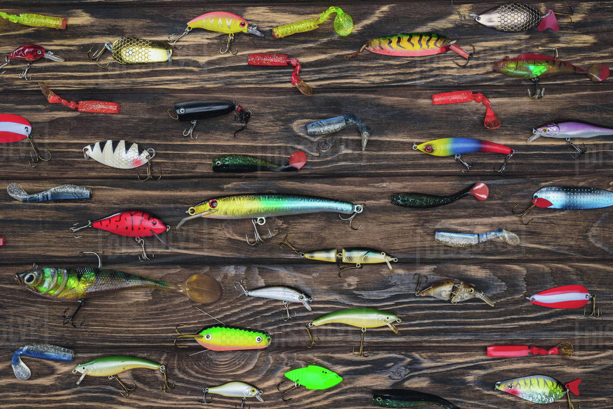 Flat Lay With Arranged Various Fishing Bait On Wooden Background