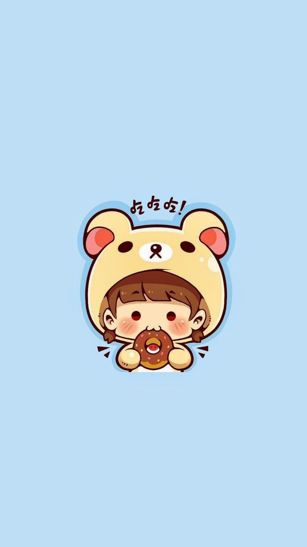 Cute cartoon girl wearing a bear hat and enjoying a donut, set against a light blue background. Perfect for kawaii and Japanese aesthetic lovers