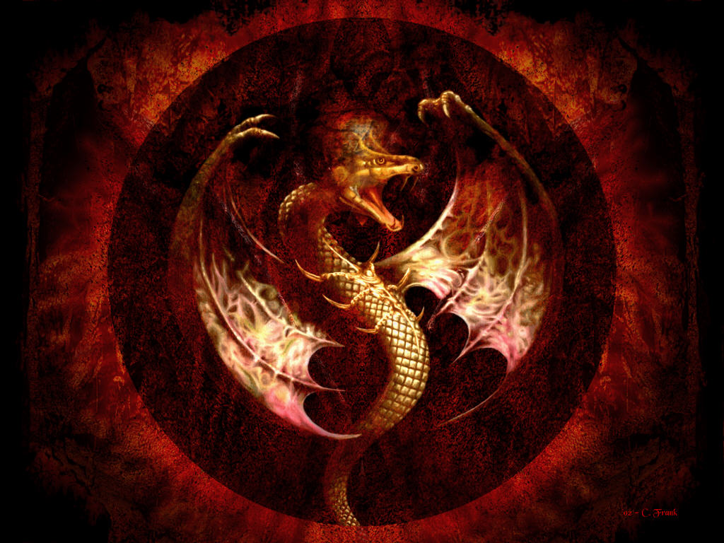 A fierce, golden dragon roars within a fiery circle, its scaled body coiled and wings spread in a display of power