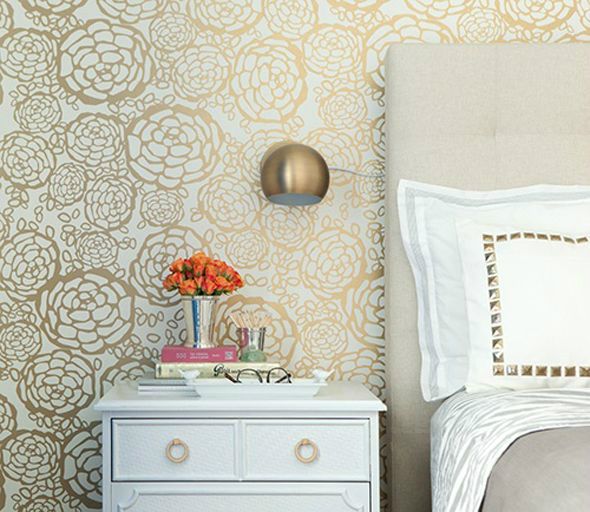 White And Gold Wallpaper Adds Fun Sophistication To This Bedroom