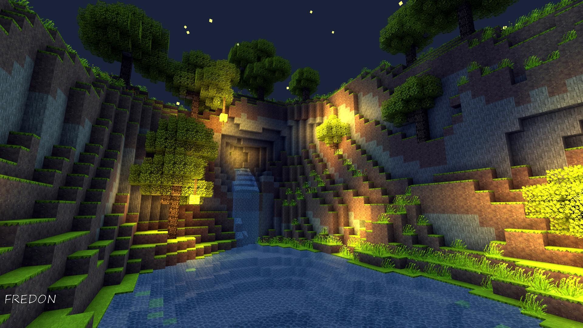A picturesque Minecraft landscape at night with a waterfall cascading into a pool, surrounded by trees and cliffs