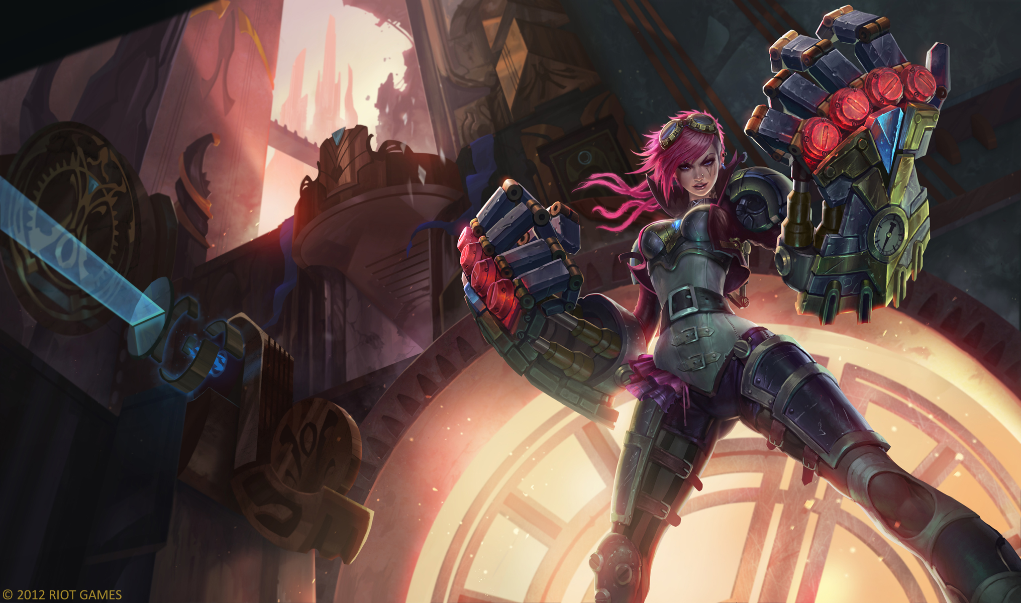 Vi, the Piltover Enforcer, from League of Legends, striking a powerful pose with her Hextech gauntlets in a clockwork-filled environment
