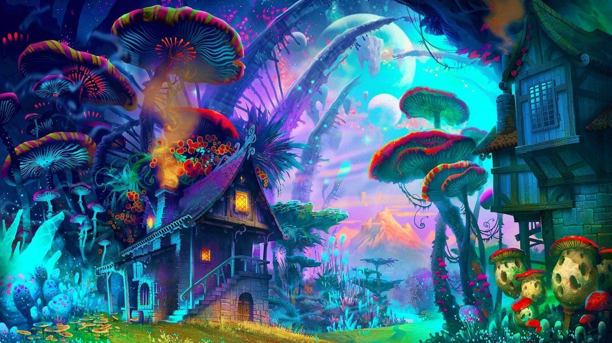 Fantasy art drawing nature psychedelic colorful house wallpaper