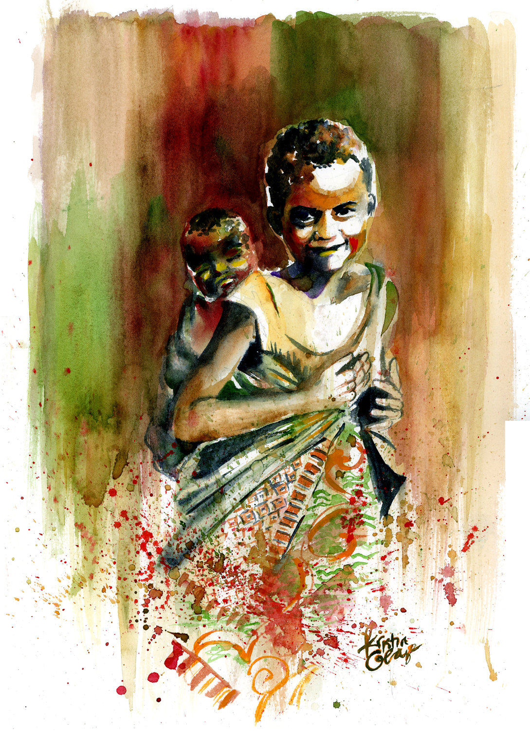Original Watercolor Painting West African Children Wall
