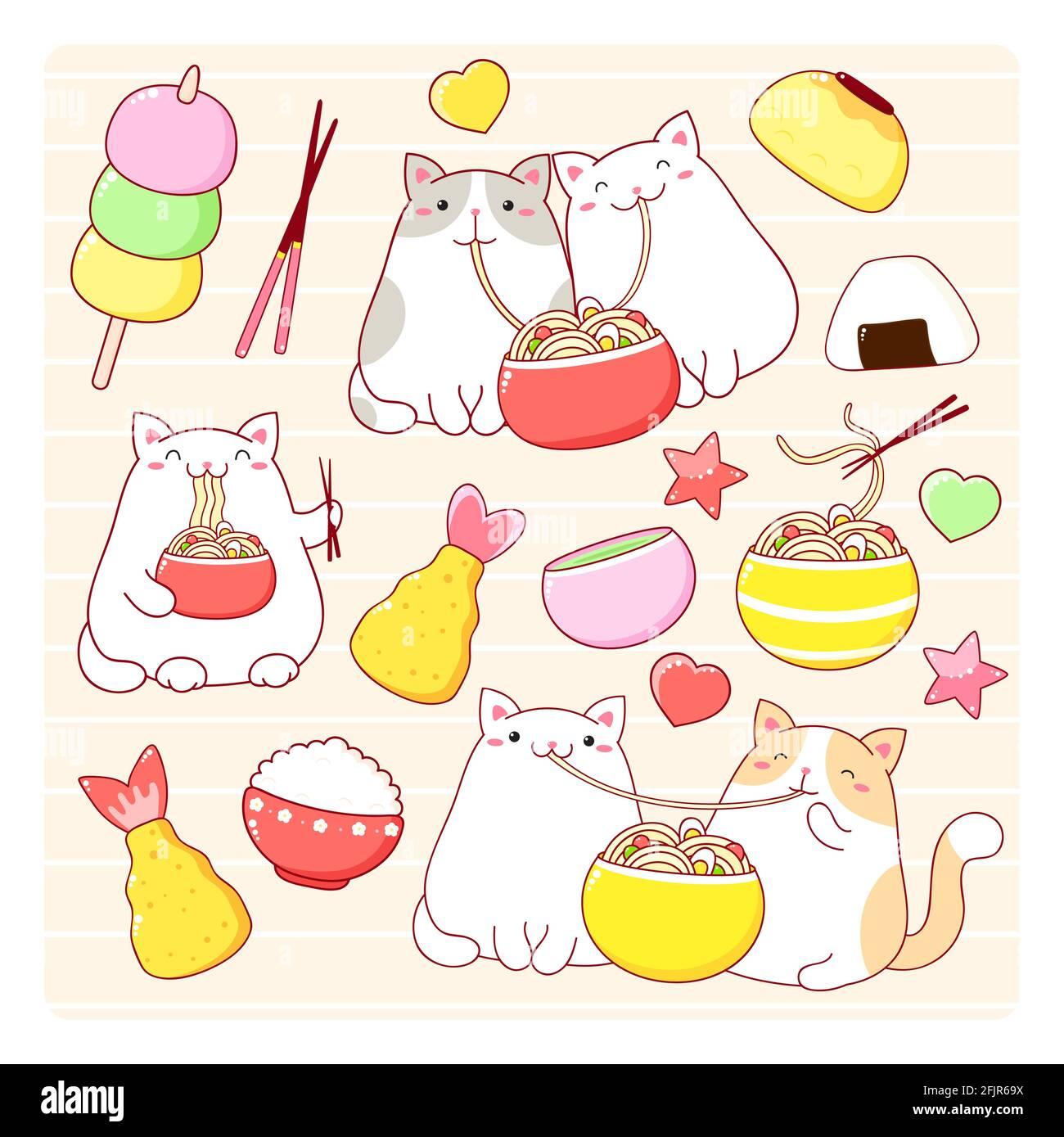 Portrait mignon et adorable d'un chat kawaii japonais mangeant des