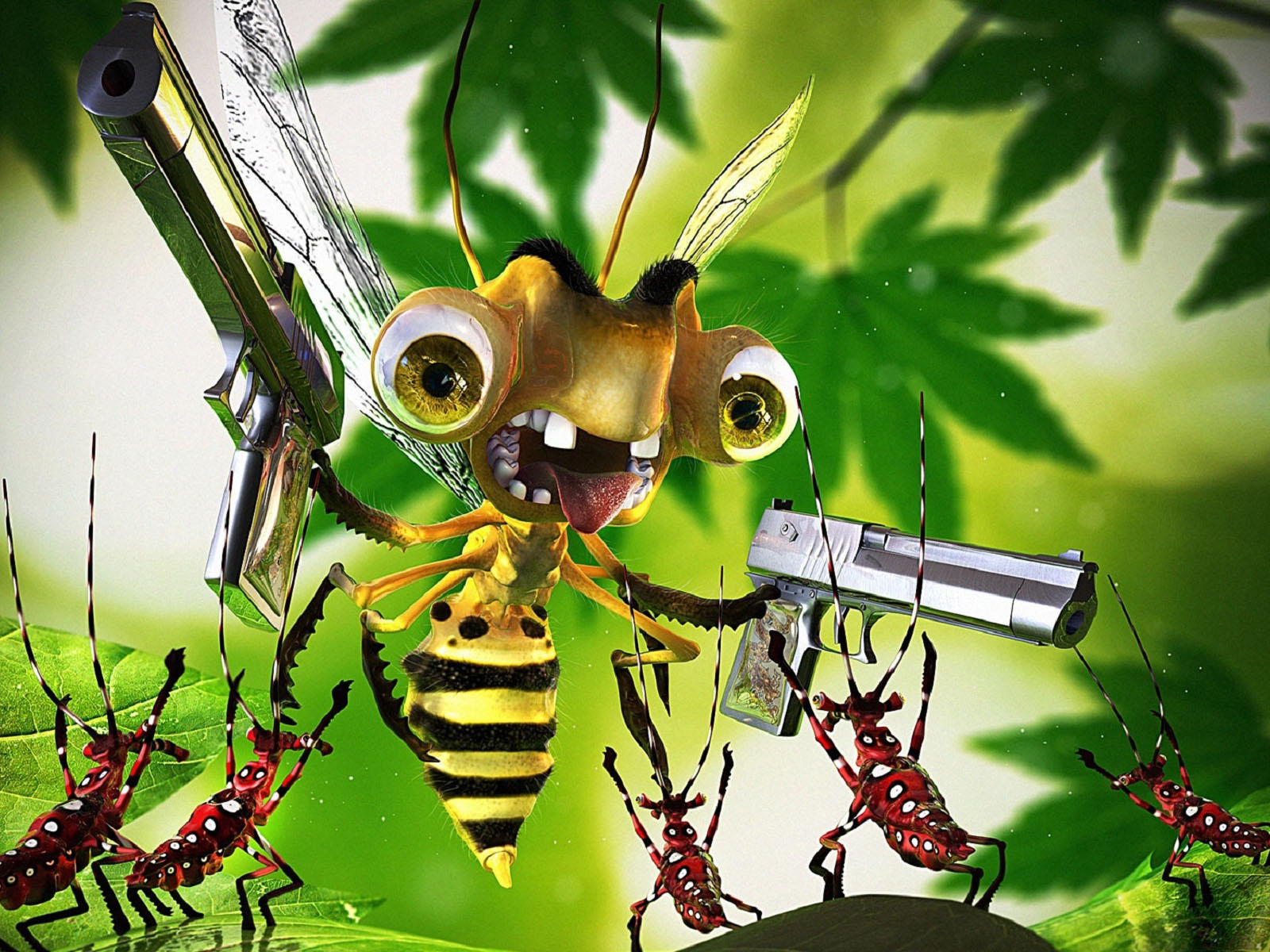 A humorous 3D rendering of a wasp wielding guns, standing over smaller red bugs on a leaf, set against a vibrant green foliage backdrop