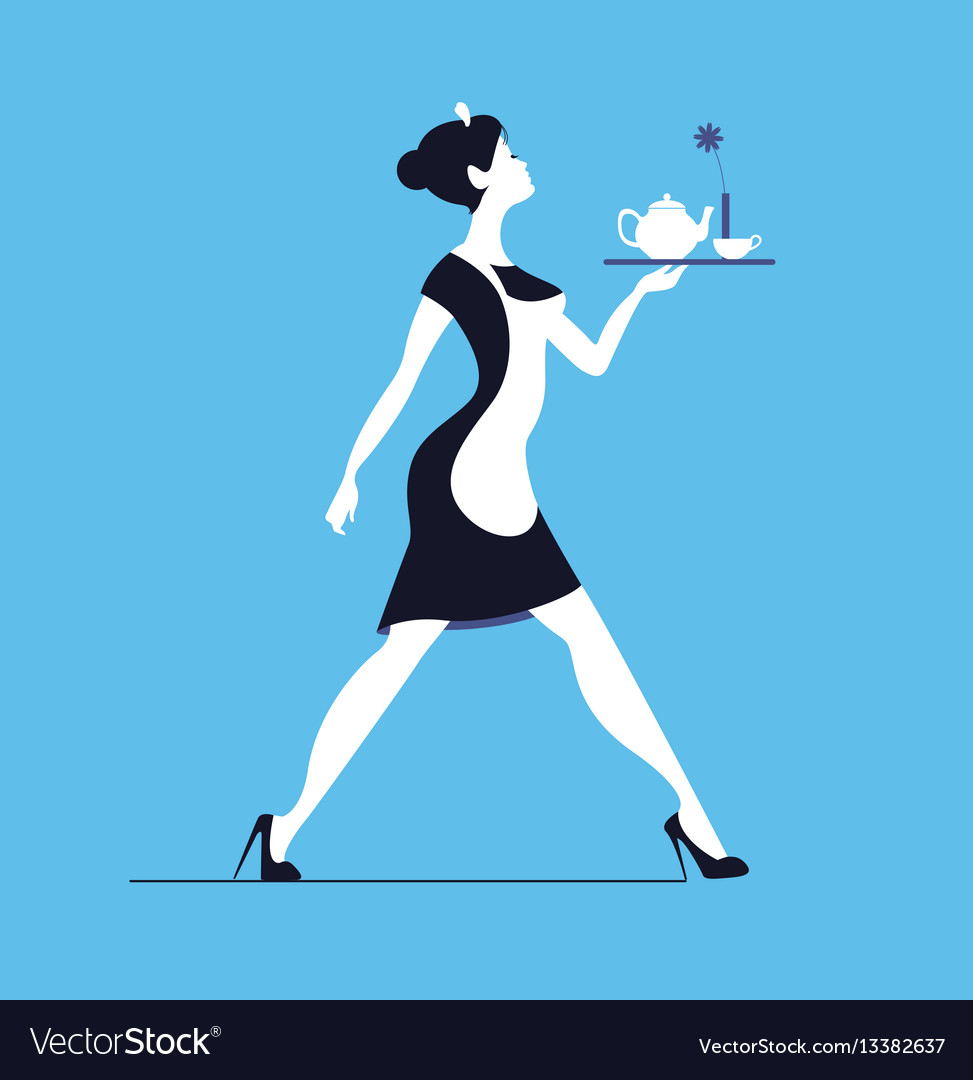 Waitress On Blue Background Slender Woman Vector Image