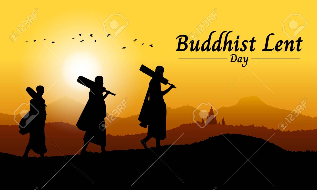 Buddhist Lent Day Banner With Monk Walk On Mountain