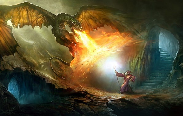 Dragon A Magician Cave Fight Fire Magic Wizard Staff Stair