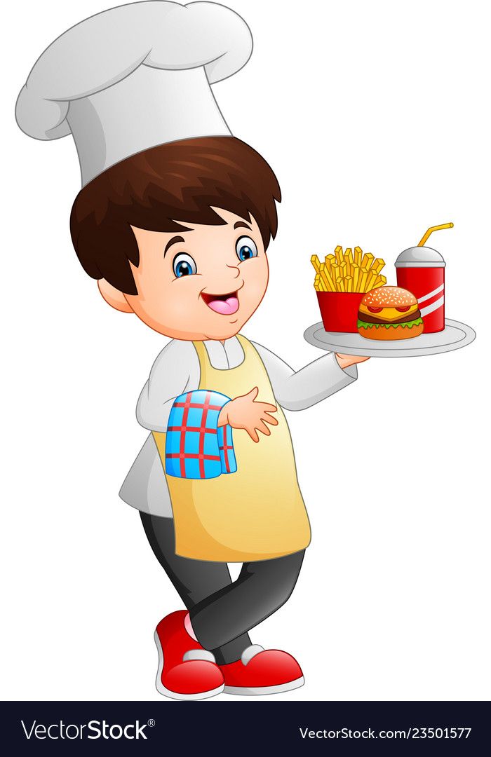 illustration of Cartoon chef cooking holding a fast food tray 700x1080
