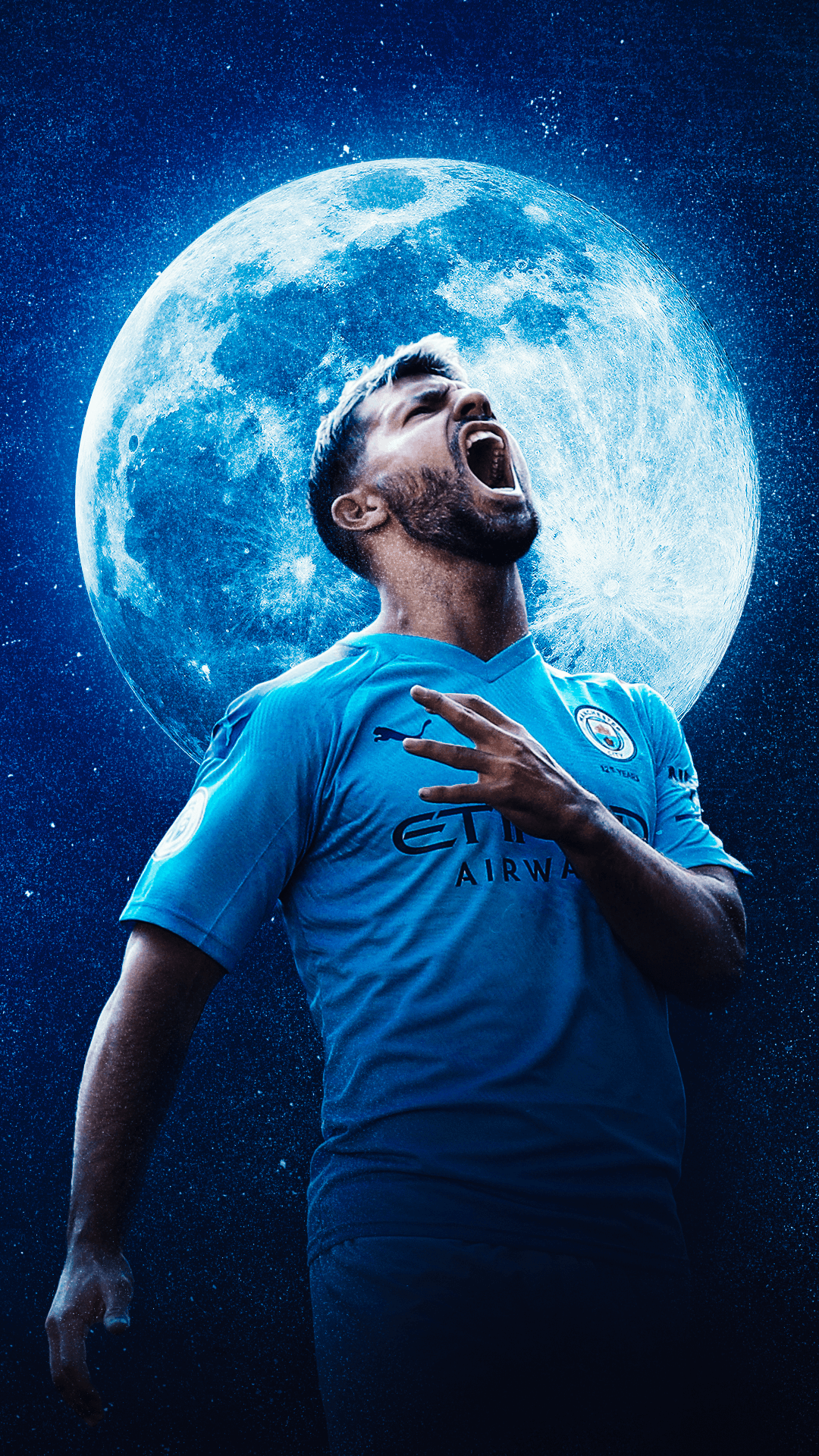 A dramatic image of Manchester City striker Erling Haaland celebrating a goal against a backdrop of a bright full moon and a starry night sky