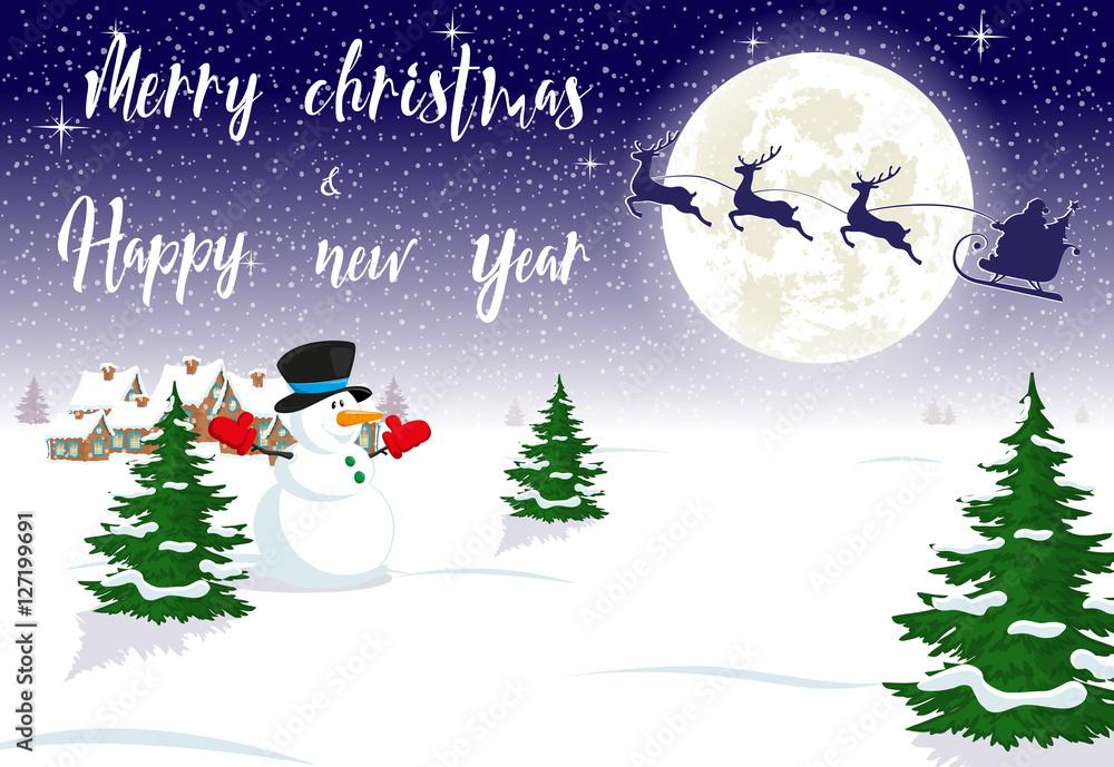 Merry Christmas and Happy New Year banner Snowman on background