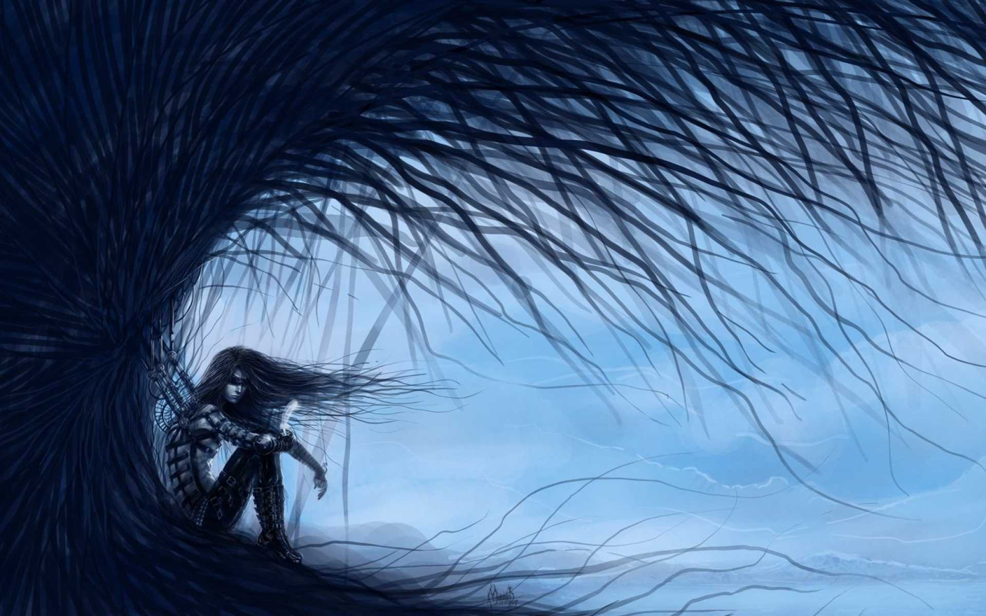 A dark, emotive illustration of a solitary figure with dark wings and long hair, sitting hunched under a brooding, leafless tree against a pale blue backdrop. The image conveys feelings of sadness, loneliness, and isolation