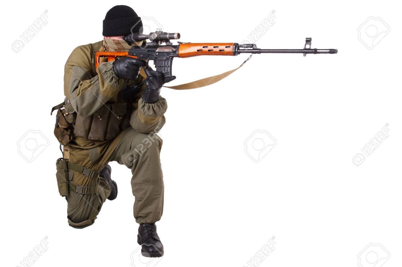 Mercenary Sniper With SVD Sniper Rifle Isolated On White