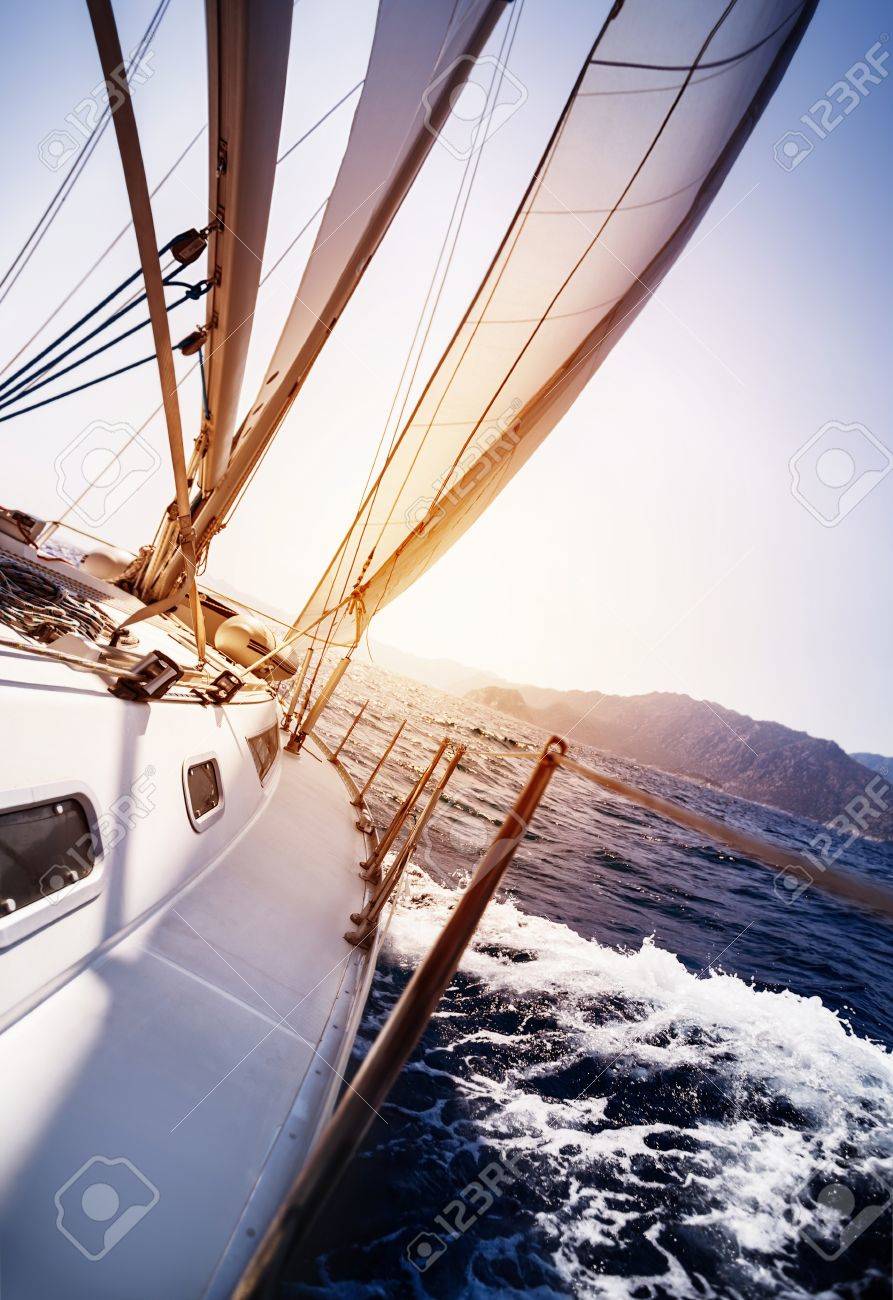 Luxury Yacht In Action The Sea On Sunset Background Sailing