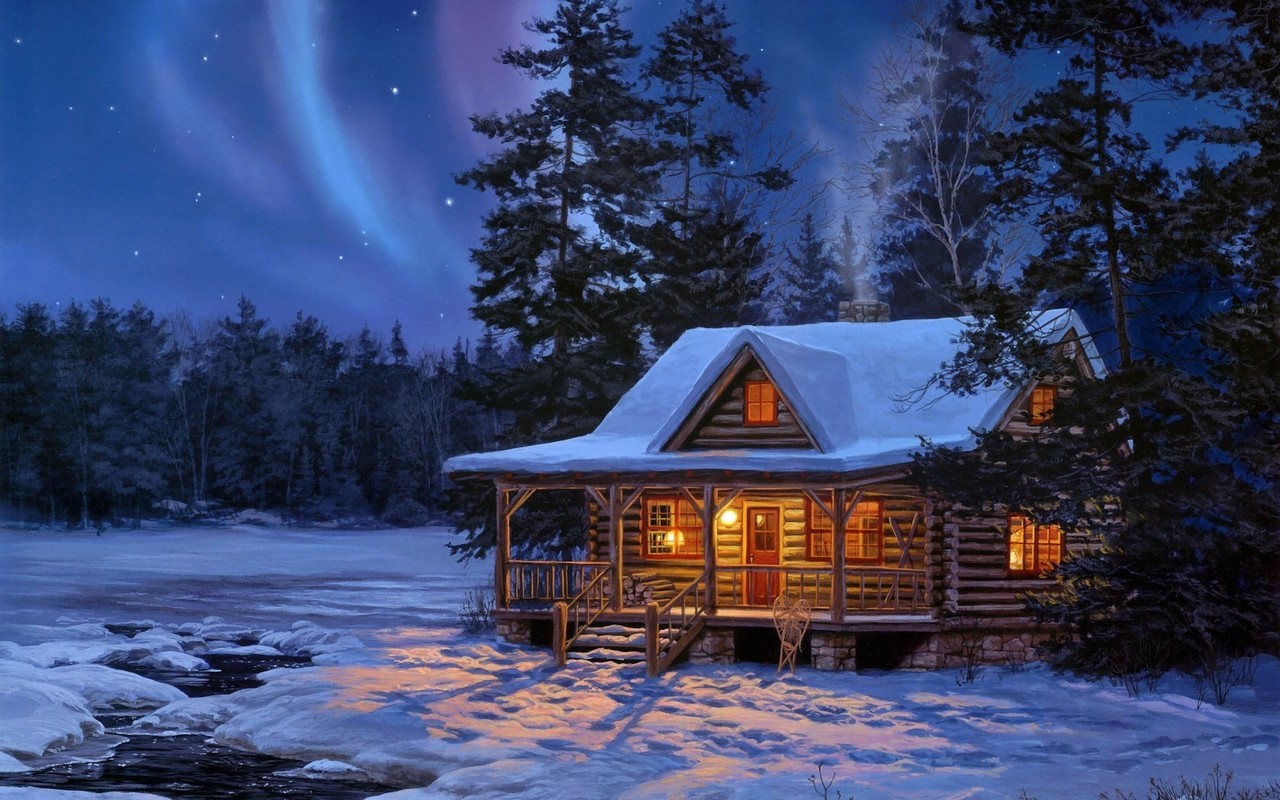 Northern Lights Log Cabin Wallpaper