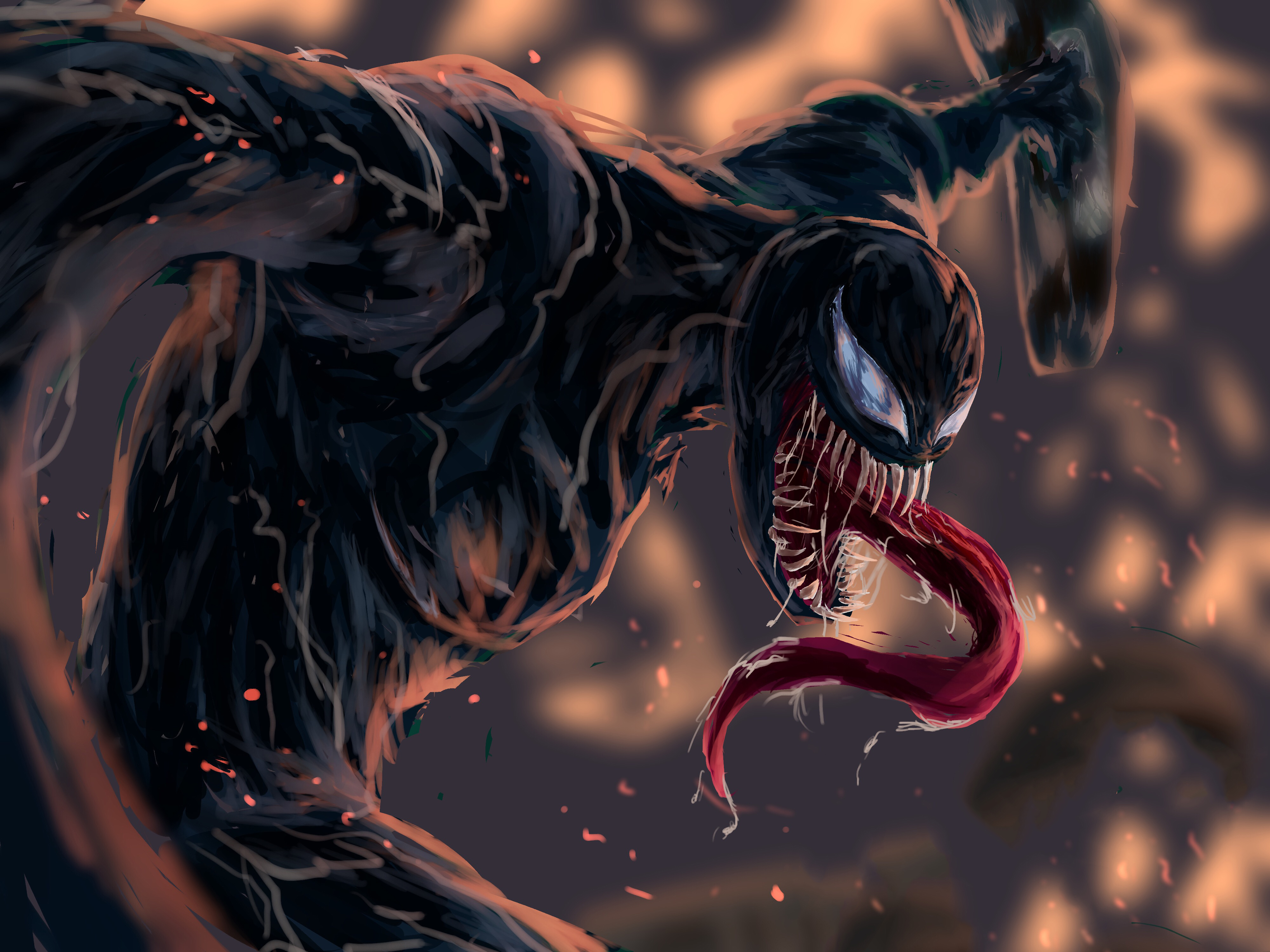 A menacing close-up of Venom, the Marvel Comics anti-hero, with his long tongue extended and sharp teeth bared against a fiery backdrop