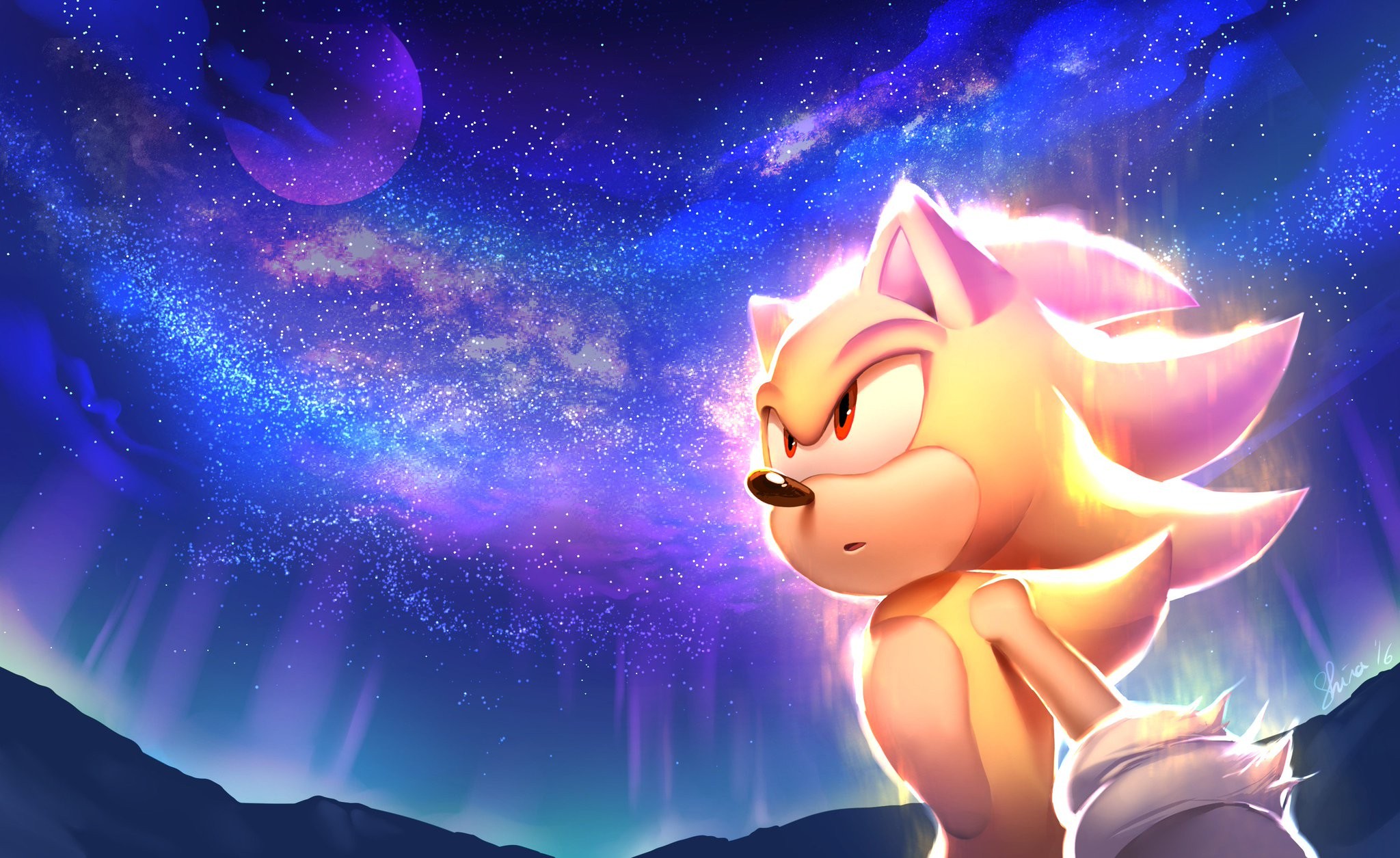 Super Sonic gazing at the starry night sky in a vibrant, high-definition wallpaper