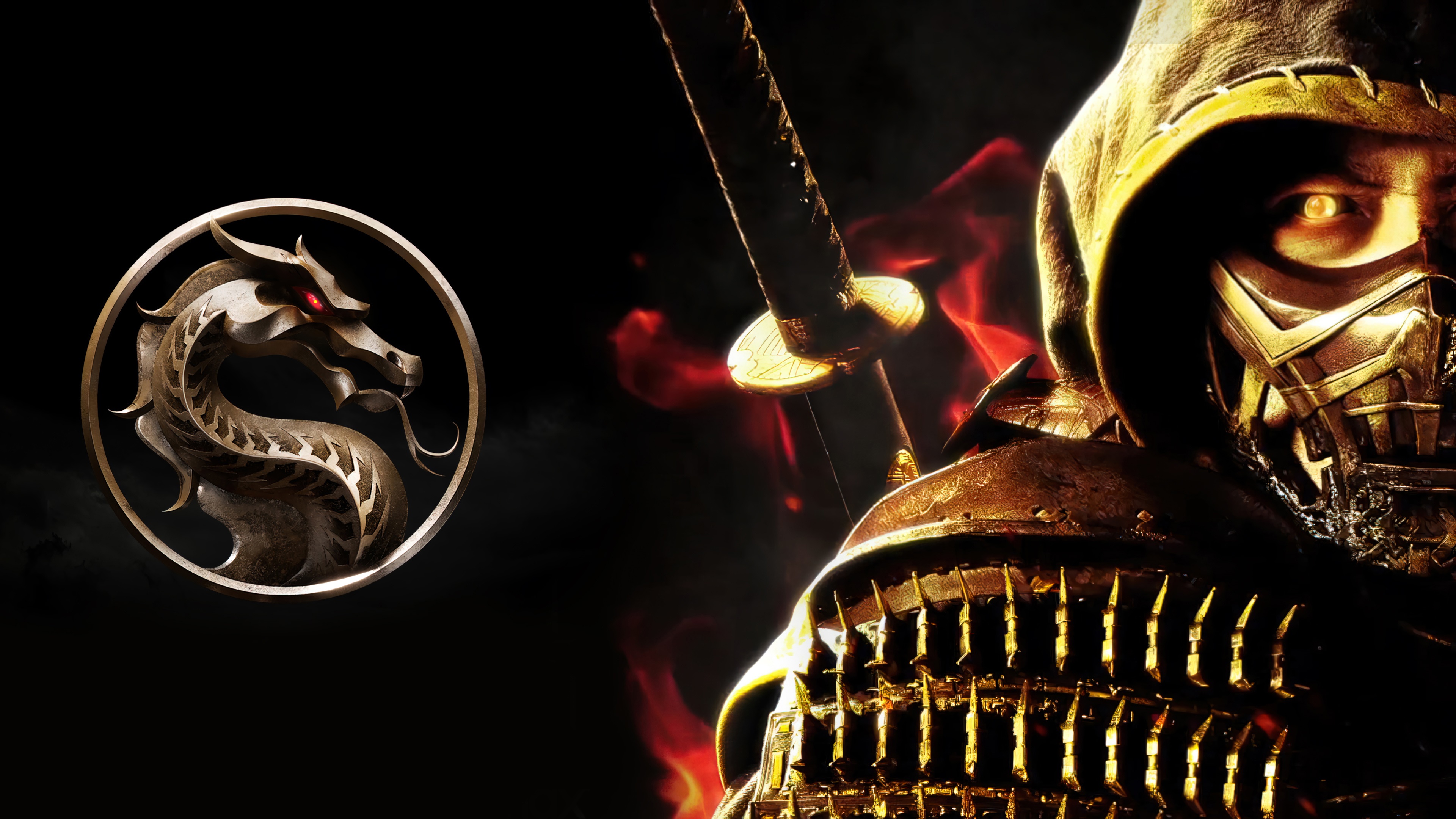 Mortal Kombat warrior with a katana and the iconic dragon logo