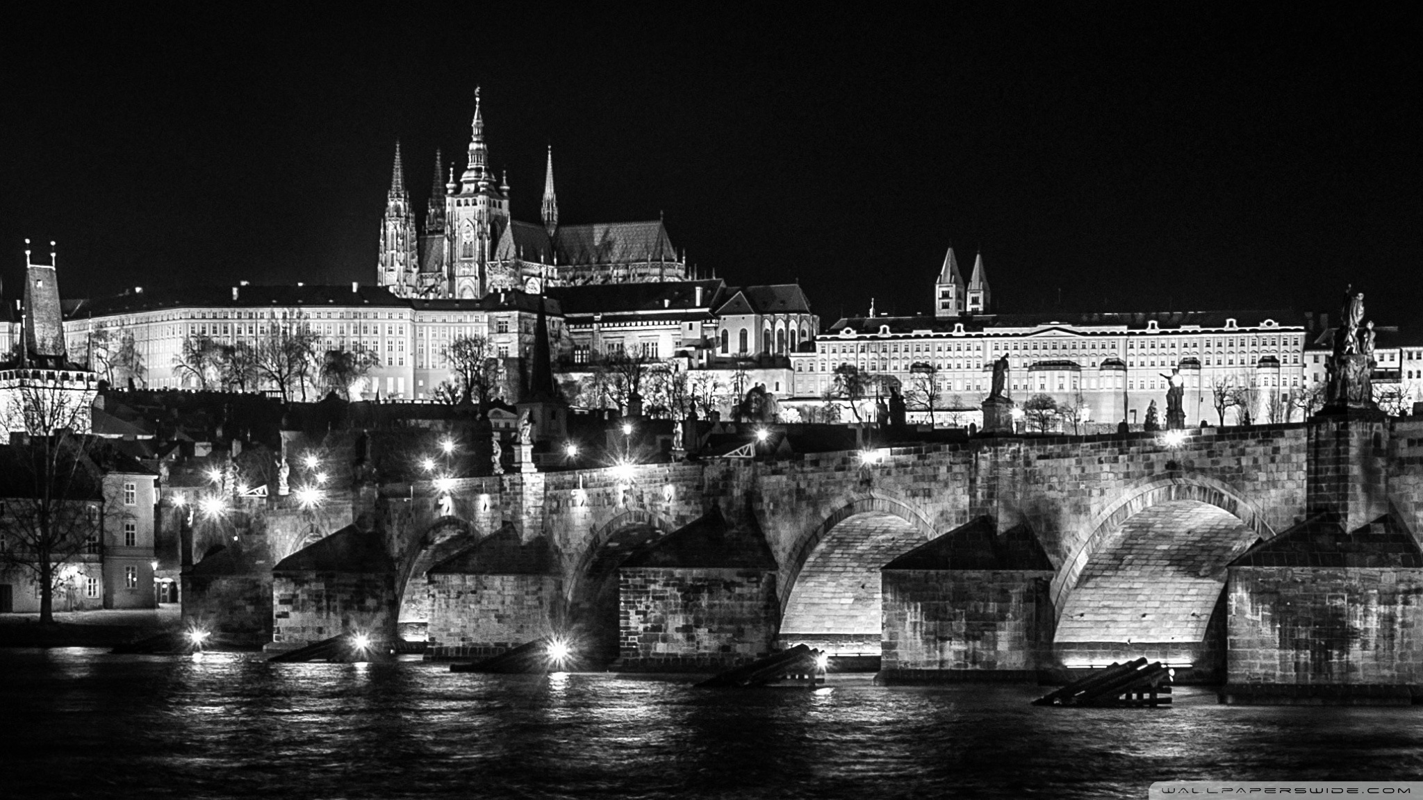 Prague At Night Black And White Ultra HD Desktop Background
