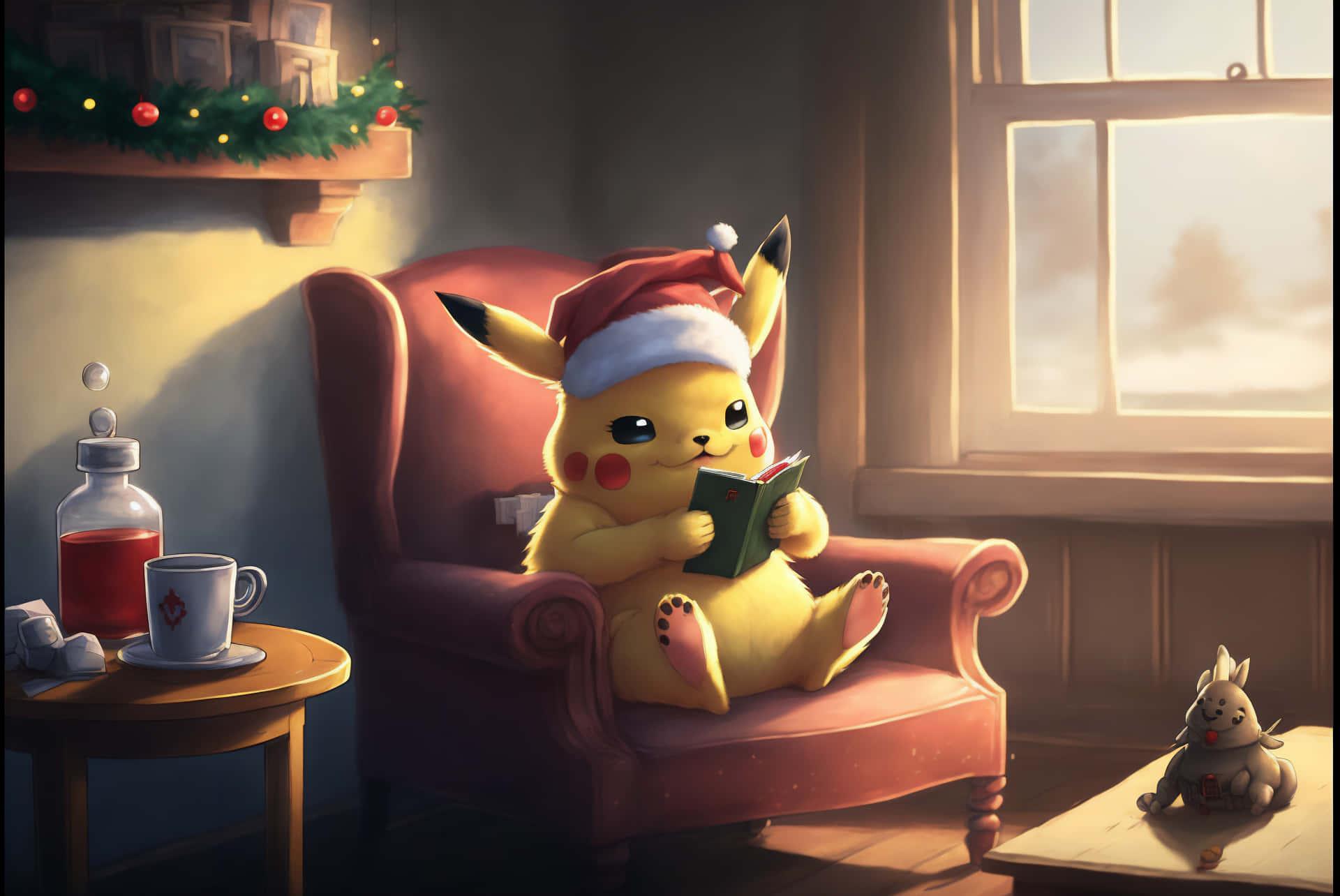 Pok Mon Christmas Pikachu Reading Book Wallpaper