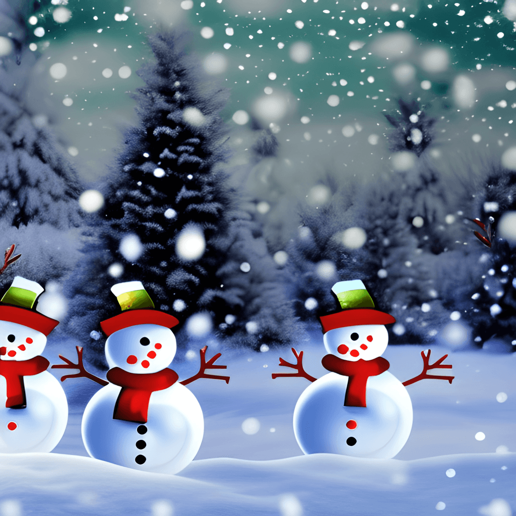 Three cheerful snowmen stand in a snowy forest, surrounded by snow-covered trees, creating a festive preppy Christmas scene