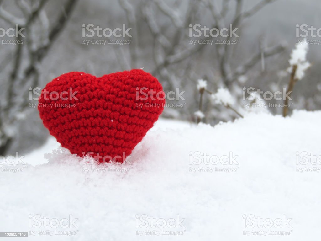 Red Knitted Heart In The Snow On Winter Forest Background