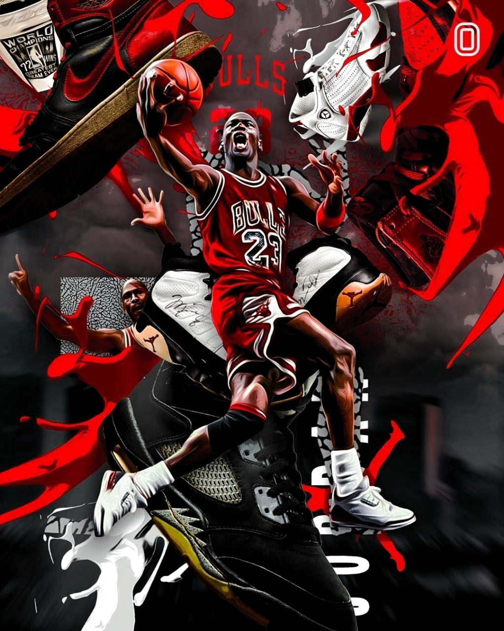 Michael Jordan dunking in his iconic Chicago Bulls jersey, surrounded by various Air Jordan sneakers and dynamic splashes of red and black paint, symbolizing his legendary career and shoe line