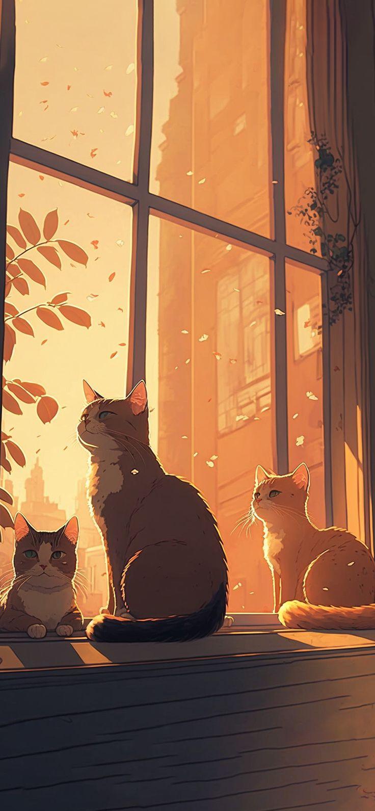 Cats on the Windowsill Anime Background   Cool Cats Wallpapers in