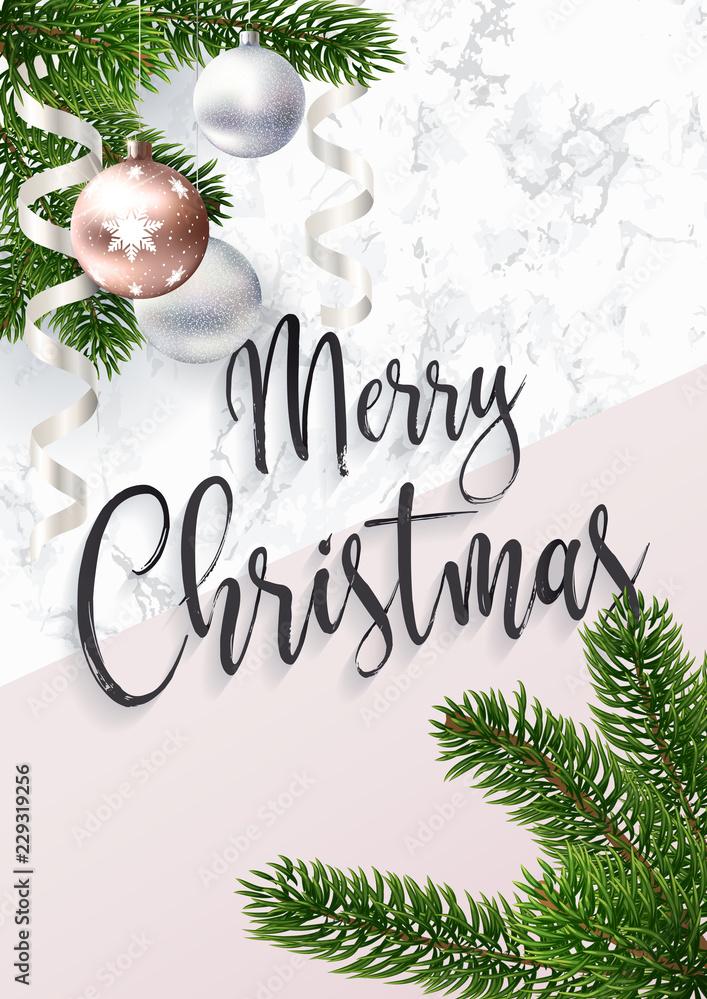 Merry Christmas Greeting Card with marble fir tree and rose gold