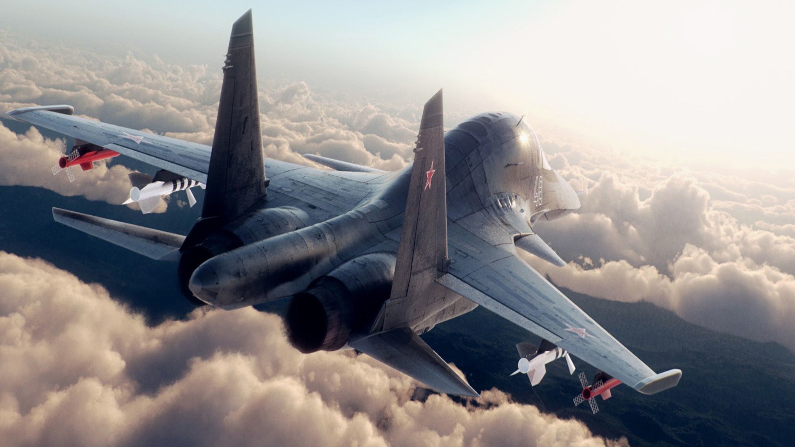 A Russian Sukhoi Su-34 fighter jet soars through a cloudy sky, armed with air-to-air missiles, showcasing its power and maneuverability