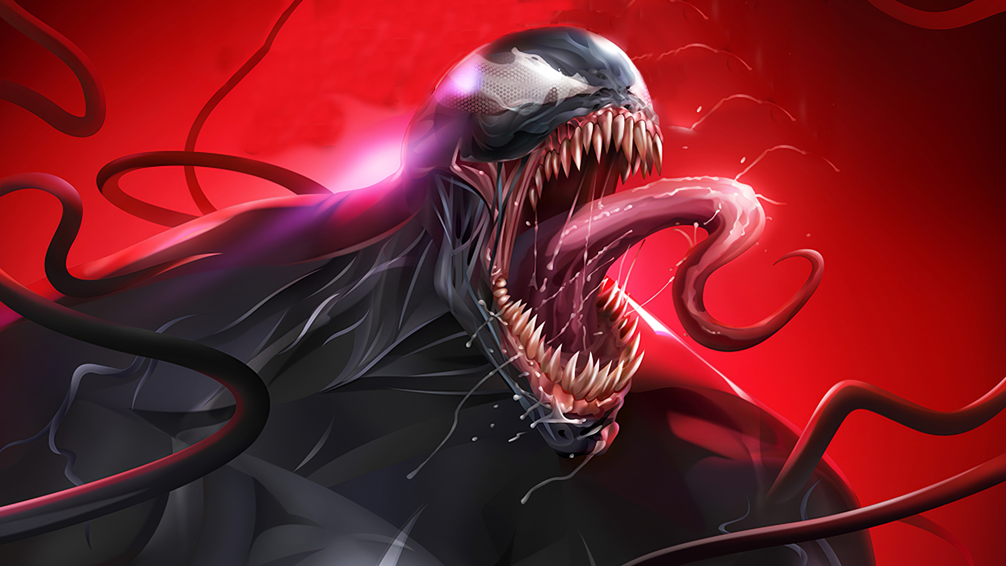 Venom, a menacing alien symbiote, is shown against a vibrant red backdrop with its sharp teeth bared and long tongue extended. The creature's dark, sinewy form contrasts starkly with the bright background, emphasizing its terrifying and powerful presence