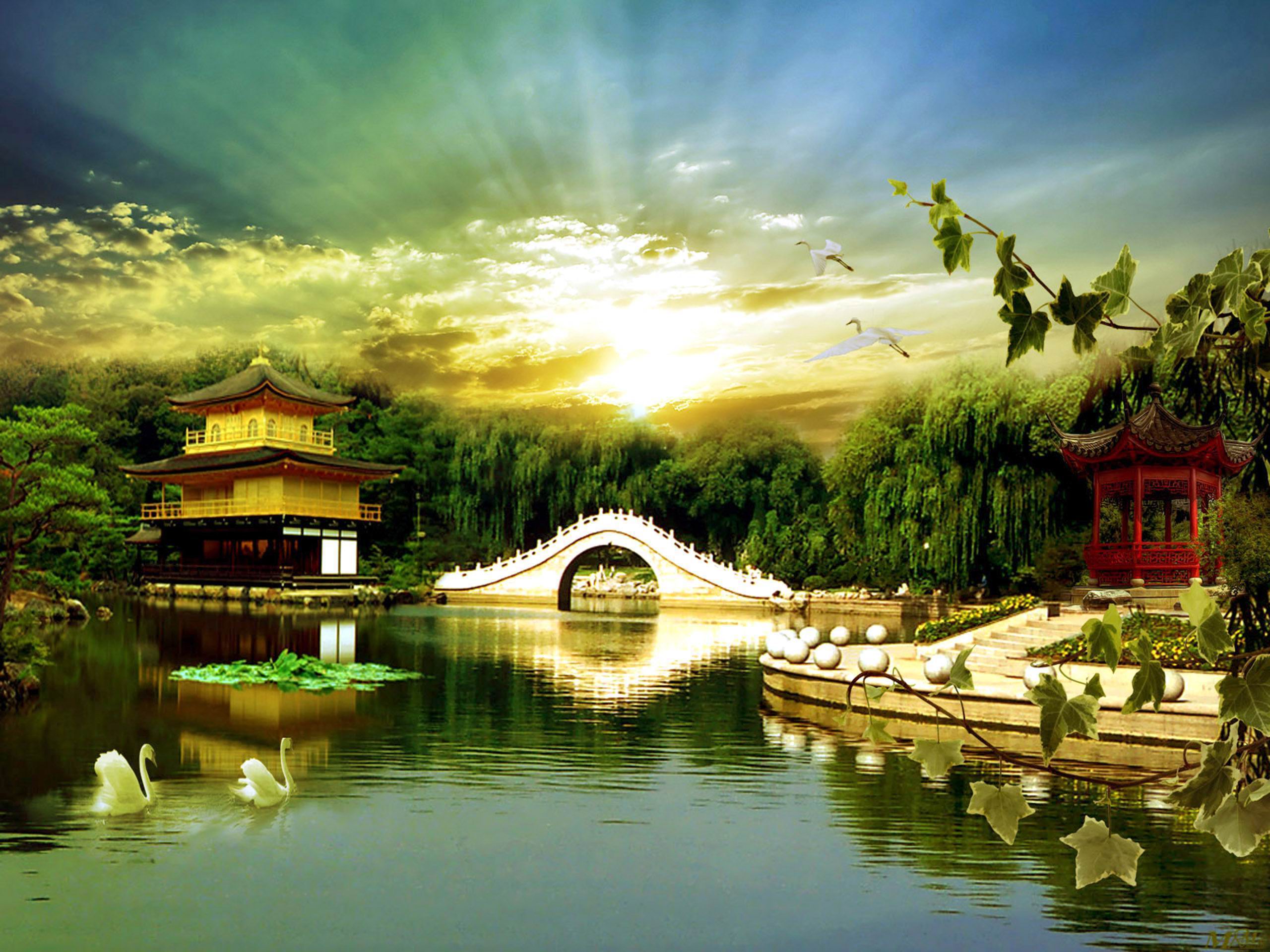 3D Rendering of a Serene Oriental Garden