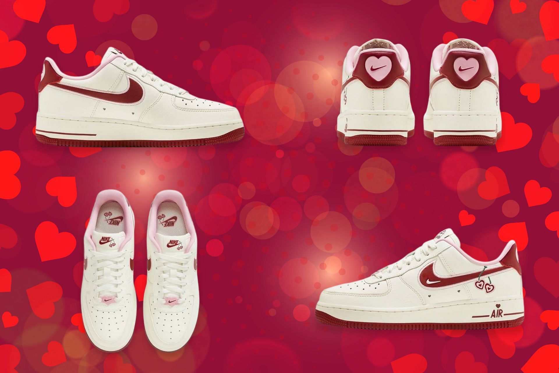 Nike Air Force 1 Valentine's Day 2025 Edition on a Red Heart Background