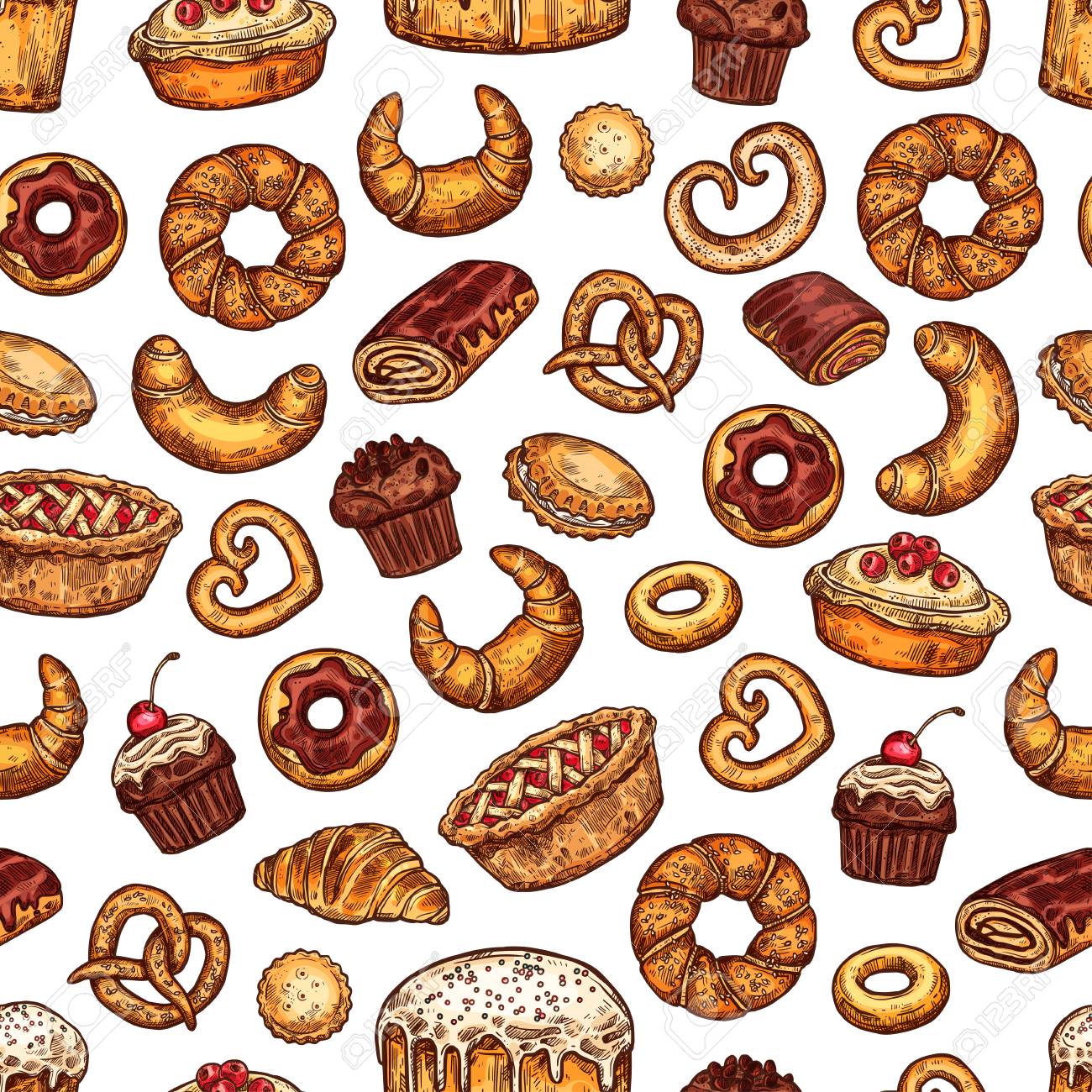 Bread And Pastry Desserts Seamless Pattern Vector Sketch