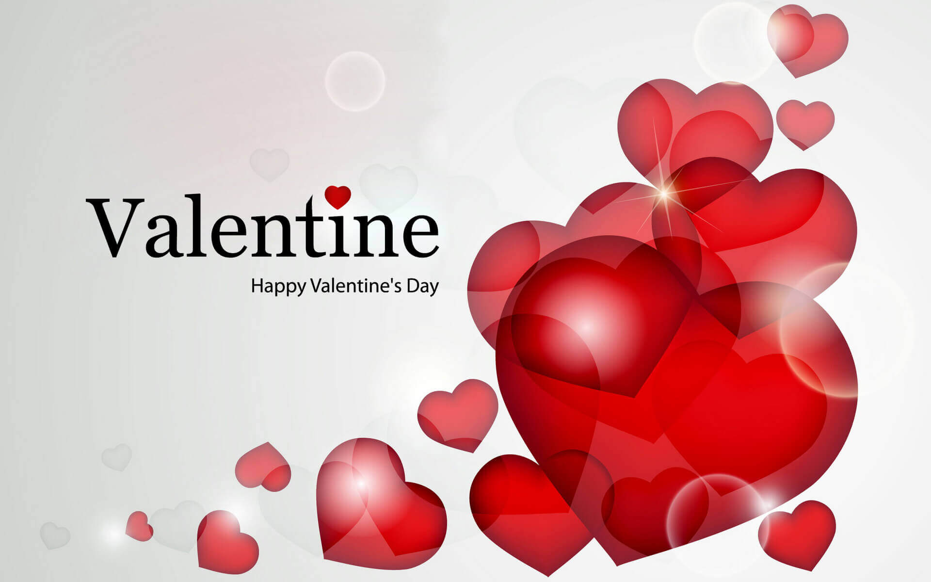A Valentine's Day greeting with a cluster of red, translucent hearts against a soft-focus white background. Smaller hearts float around, creating a romantic and festive atmosphere