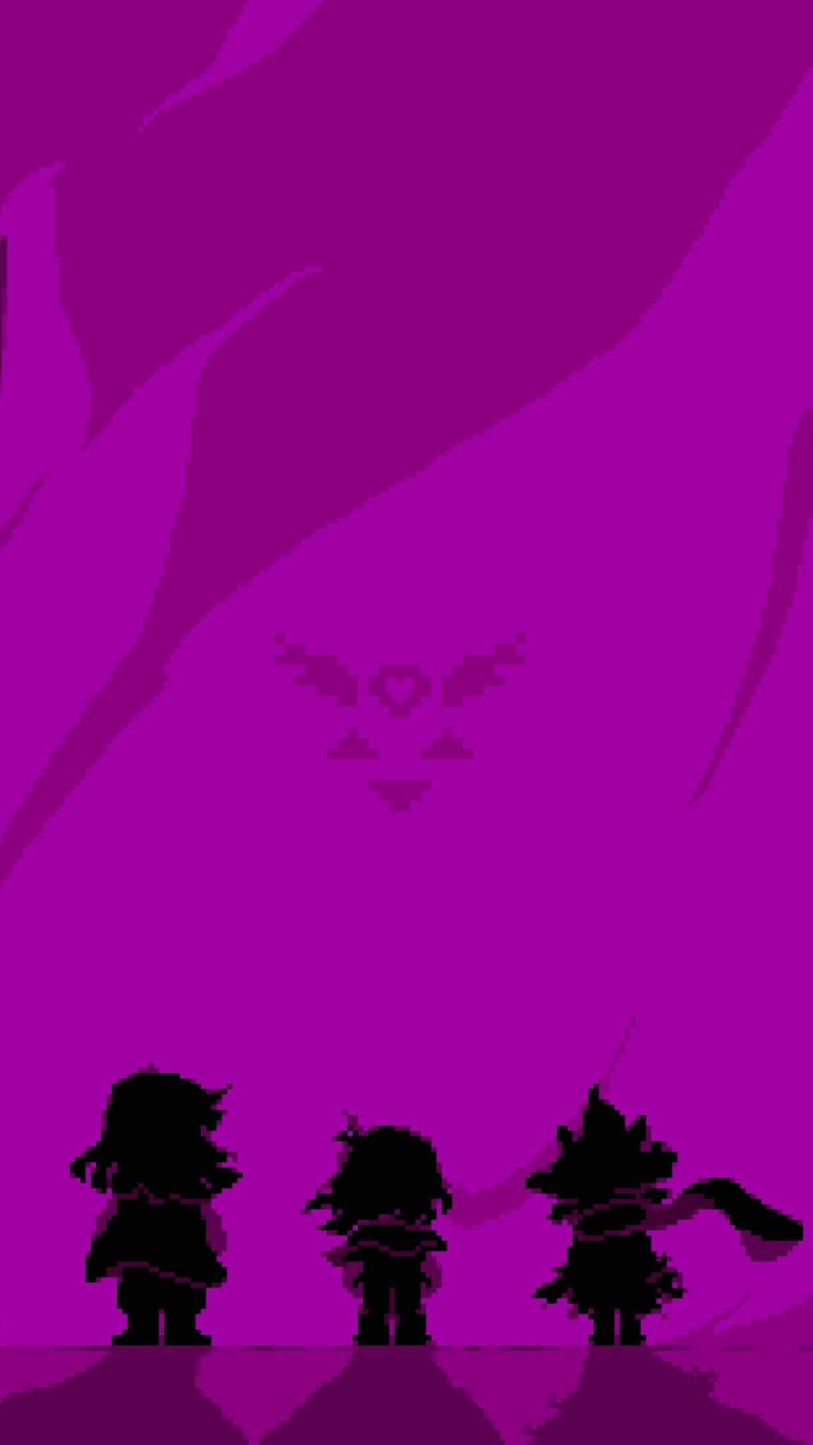 Pixel art of three silhouetted figures standing against a purple backdrop with a faint Delta Rune symbol, reminiscent of the Undertale game