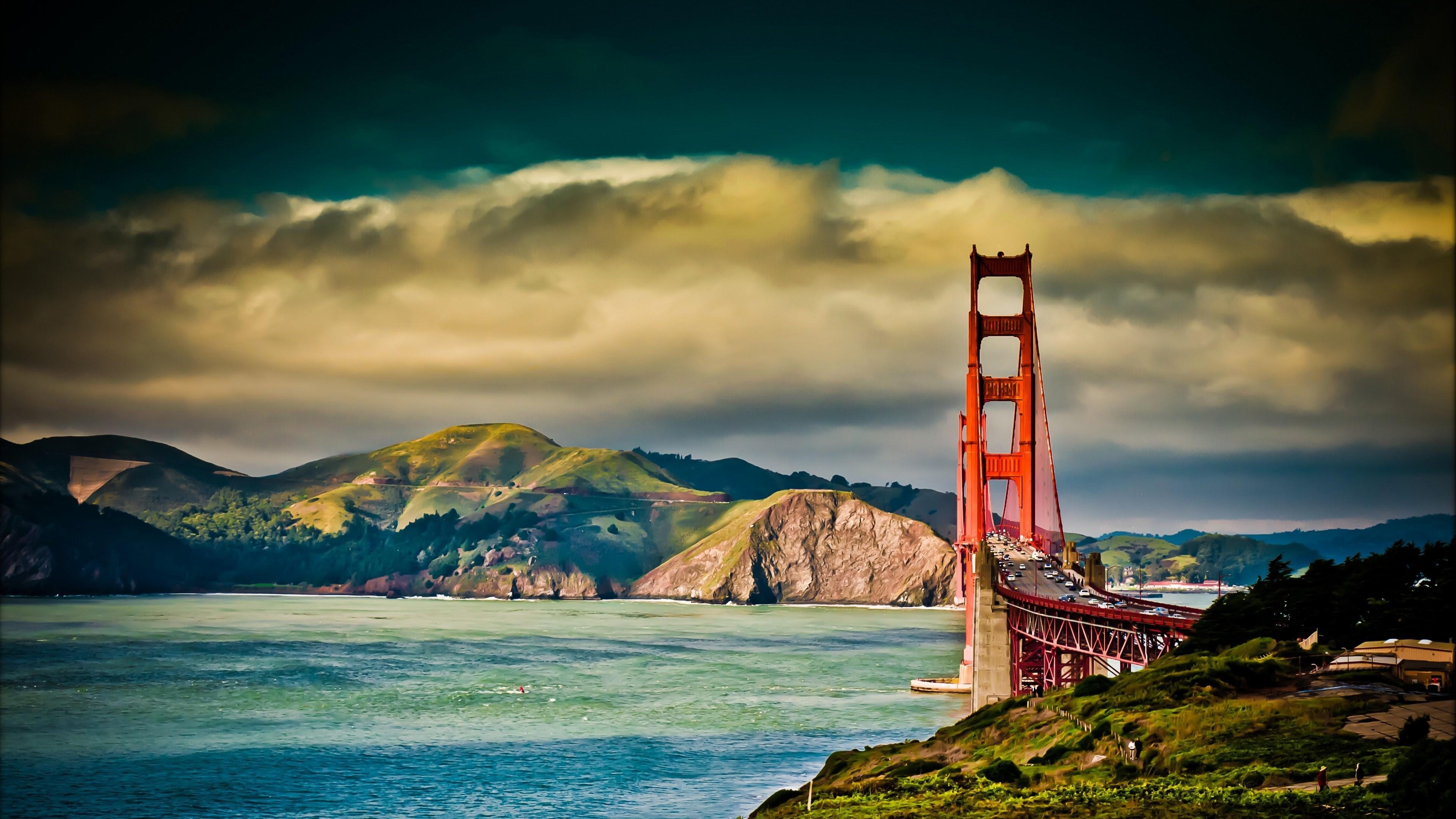 4K background image of the Golden Gate Bridge in San Francisco with dramatic clouds and vibrant colors