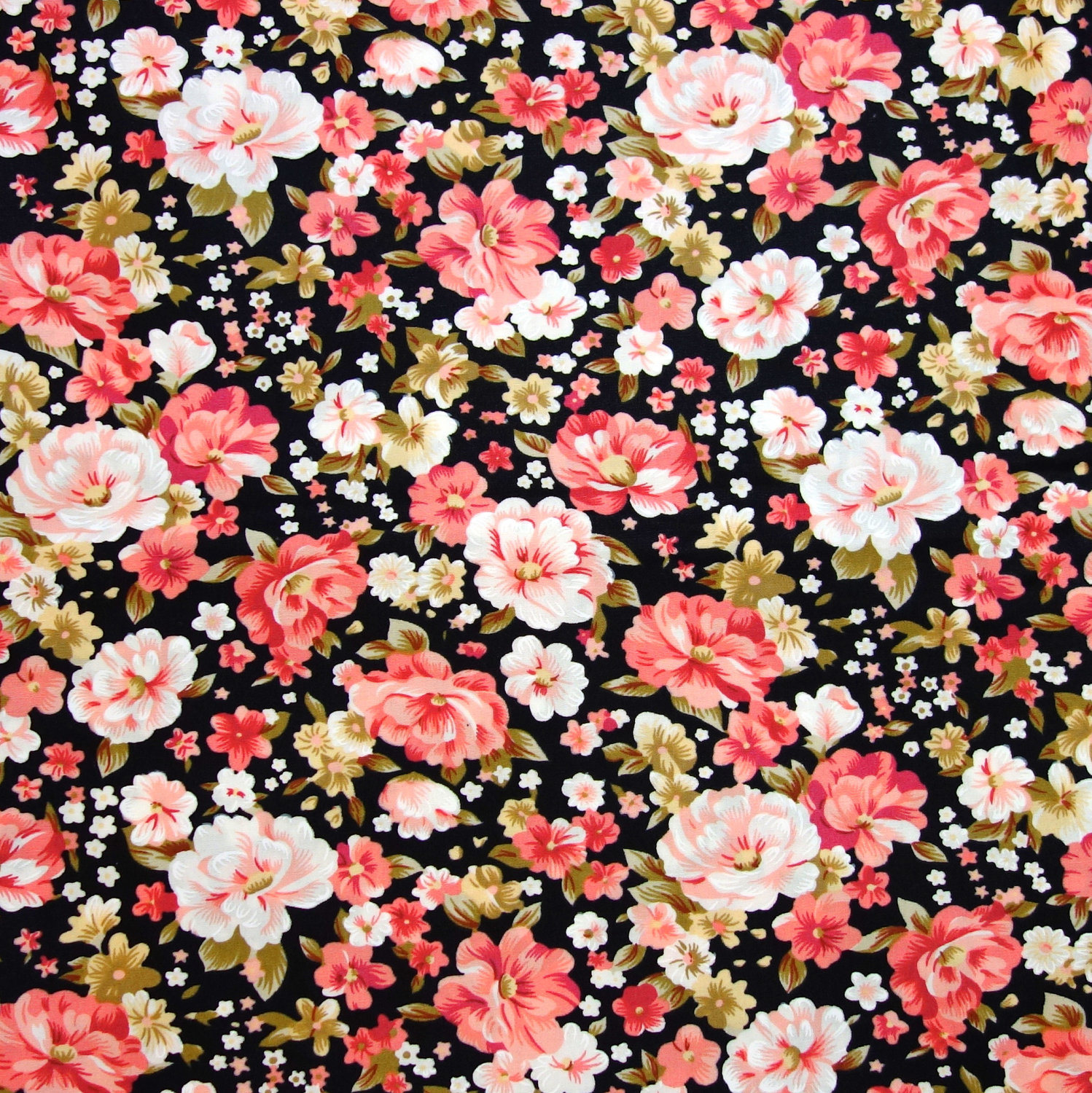 Black Floral Fabric Red And Pink Roses On By Thefabrichippie