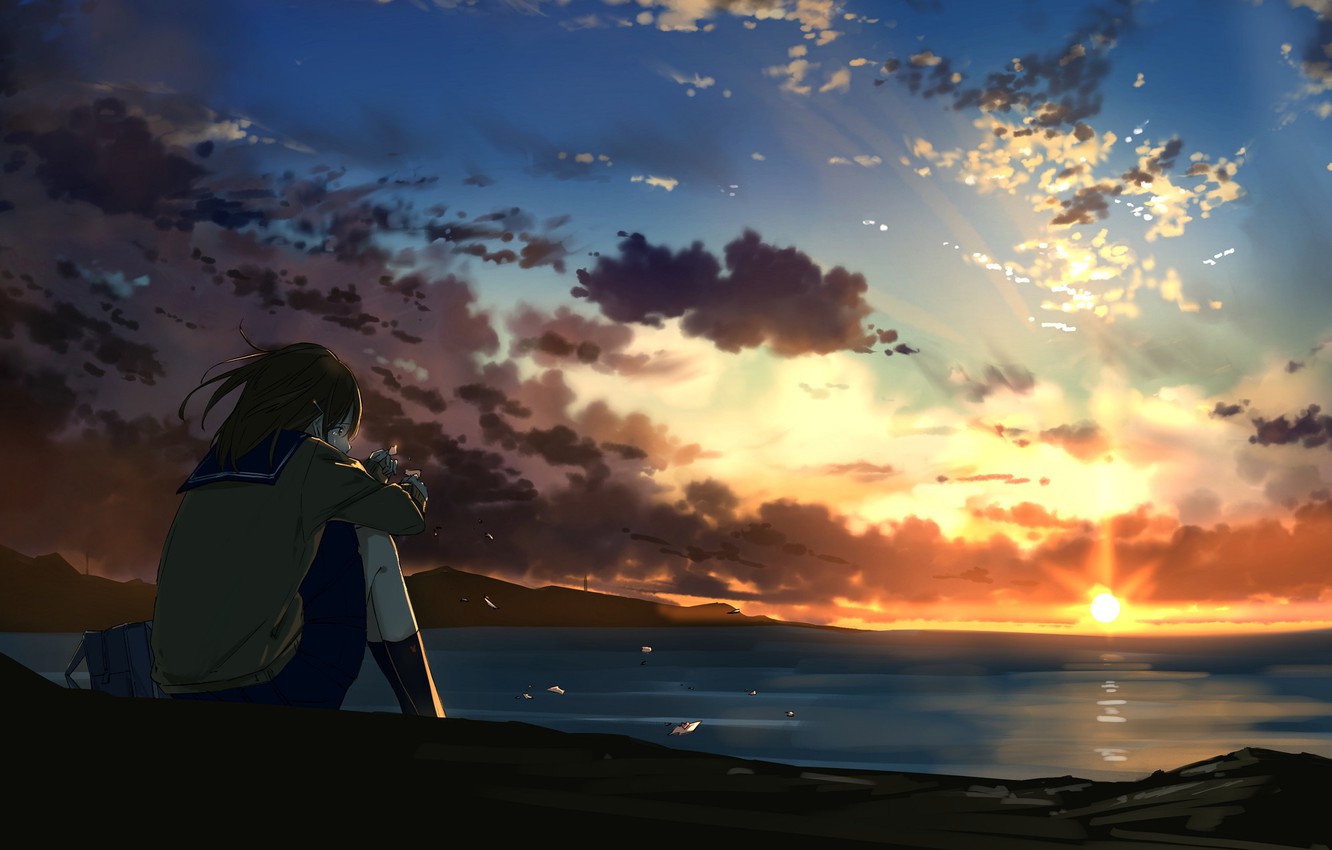 Wallpaper Sunset Anime Art Girl Sitting Image For Desktop