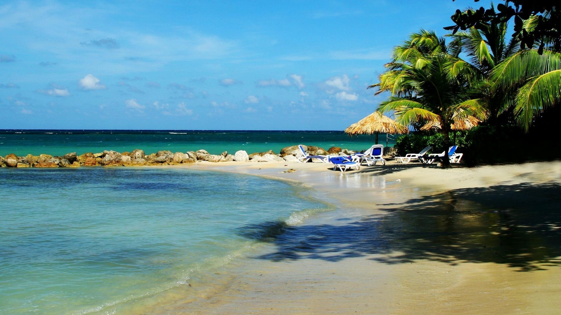 Landscapes Beach Rocks Jamaica Chairs Palm Trees Wallpaper