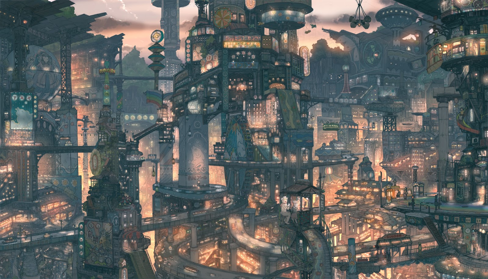 Japanese Fantasy cityscape illustration wallpaper