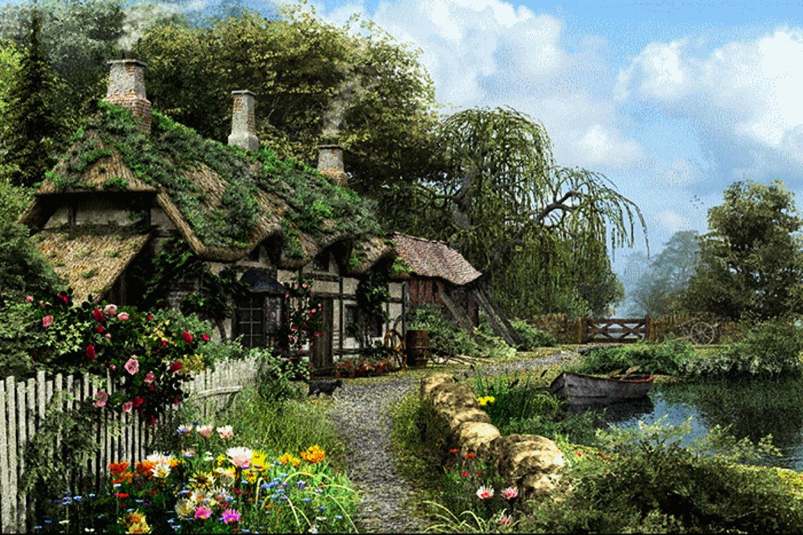 Glamorous English Cottage House Wallpaper Boat River Garden