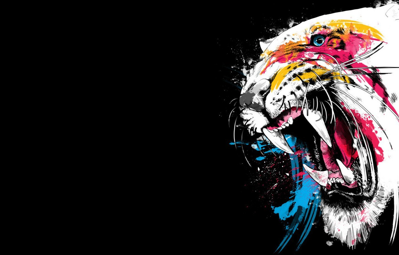Wallpaper Face Color Tiger Background Paint Fangs Grin