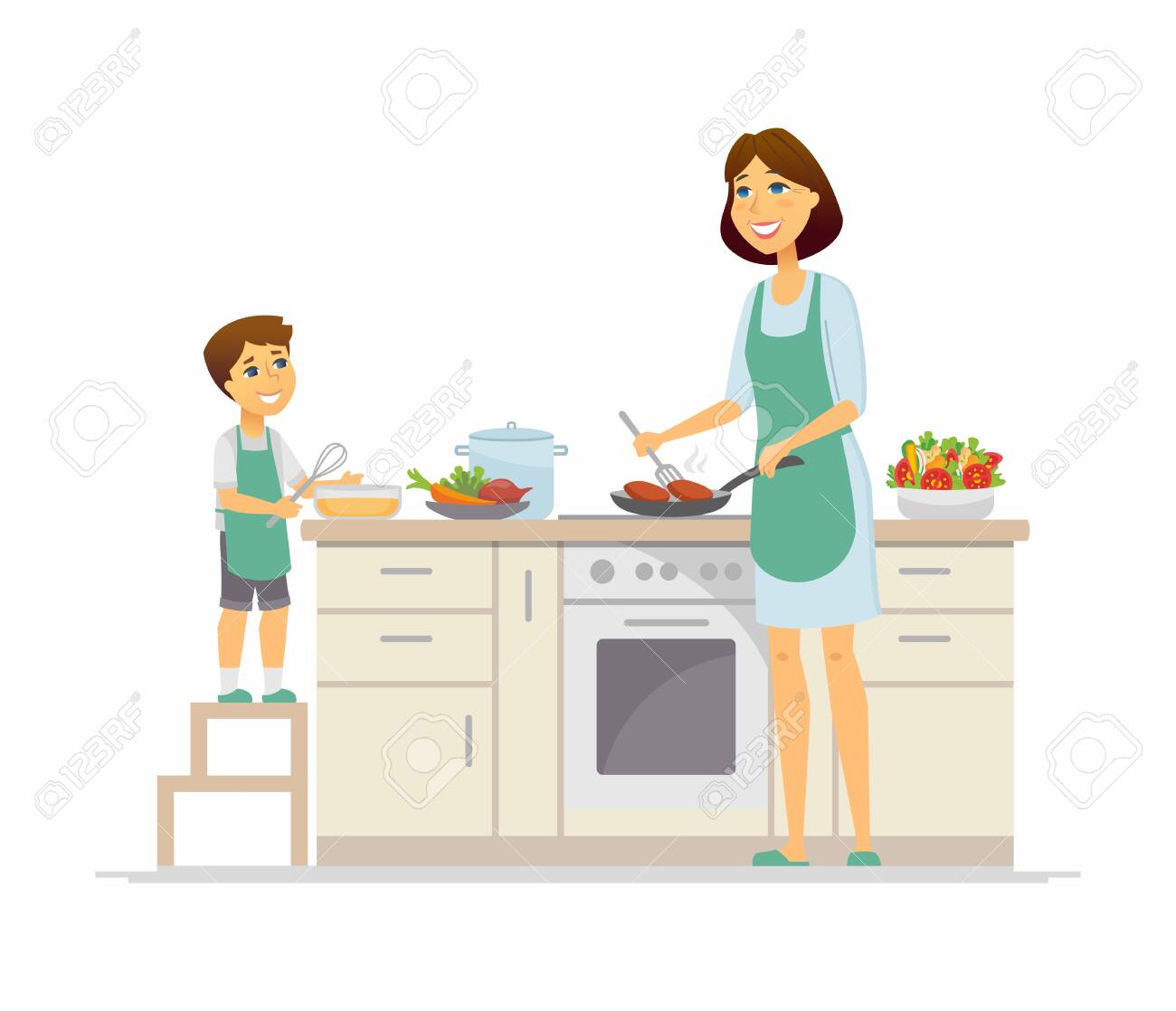 Mother And Son Cooking   Cartoon People Characters Illustration On 1300x1118