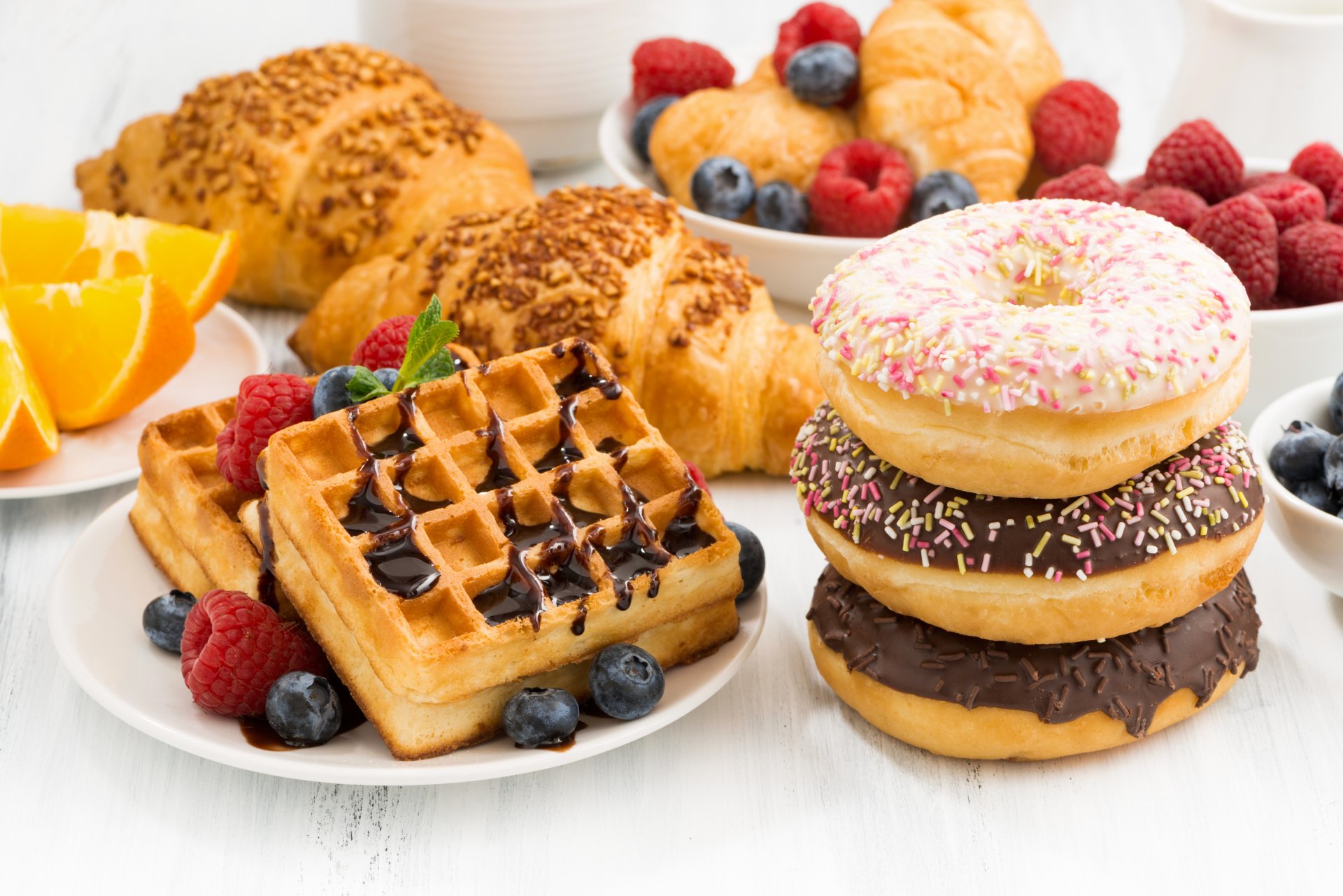 Fruit Croissant Doughnut Waffle Food Breakfast 4k Ultra HD Wallpaper