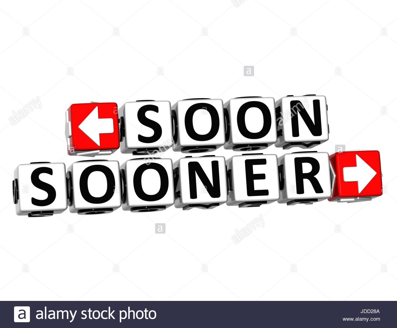 3D Soon Sooner Button Click Here Block Text over white background 1300x1077