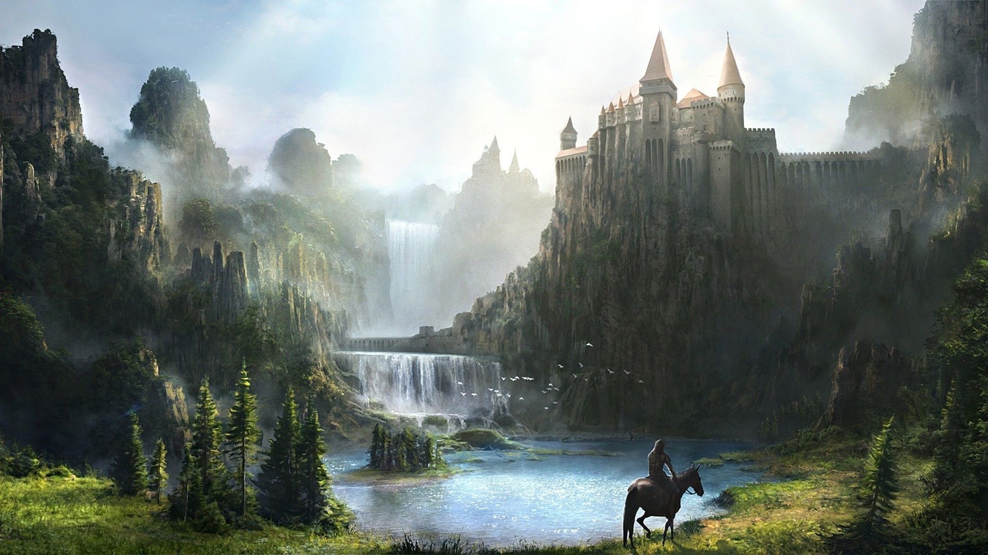 Fantasy Waterfall Castle HD Wallpaper Man Riding Horse Lake